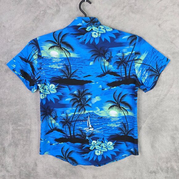 Mens Hawaiian Blue Tropical Print Shirt Short Sleeve Button Up Polyester Size S - Picture 4 of 8